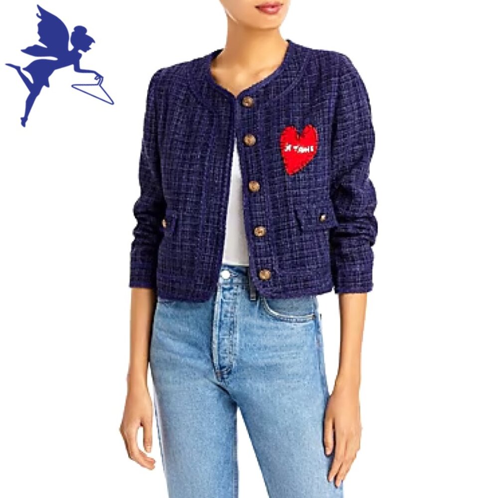 AQUA X TERRI ROSENTHAL Je T'aime Heart Patch Metallic Tweed Cropped Jacket